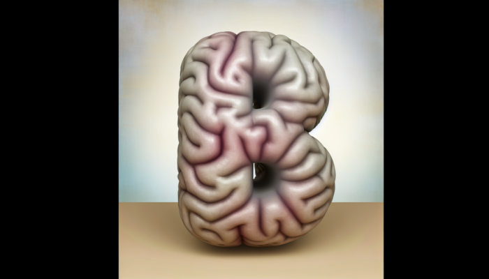 Illustration d'un cerveau en forme de lettre B, avec des textures et des tons naturels bien visibles. Éclairage doux et centrage parfait. Fond gradient doux, du bas ivoire chaud au haut azur pâle. Résolution maximale, contraste légèrement accentué et flou d'objectif sur les bords pour mettre en avant le point central, la lettre B.