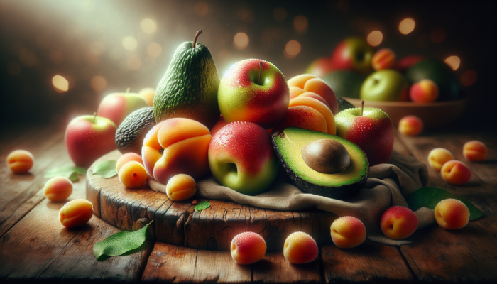 Fruit en A sur surface naturelle boisée avec éclairage doux.