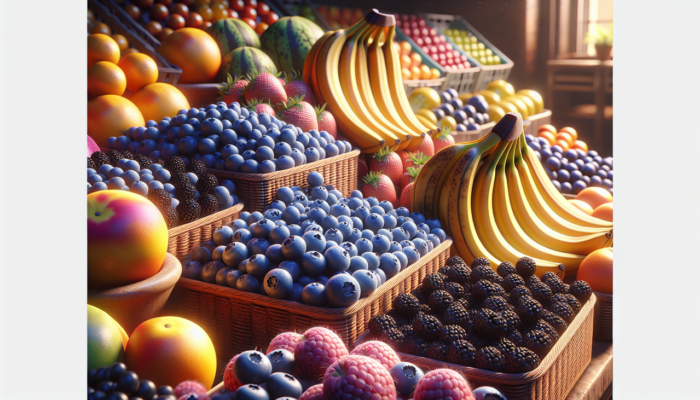 Fruit en B - Assortiment de bananes, myrtilles et mûres colorées, détails soignés, flou artistique.