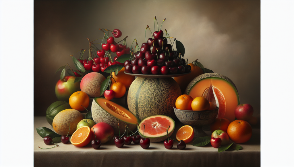 Fruit en C varié avec cerises, cantaloup, agrumes. Mise en scène détaillée, couleurs vives, éclairage naturel.