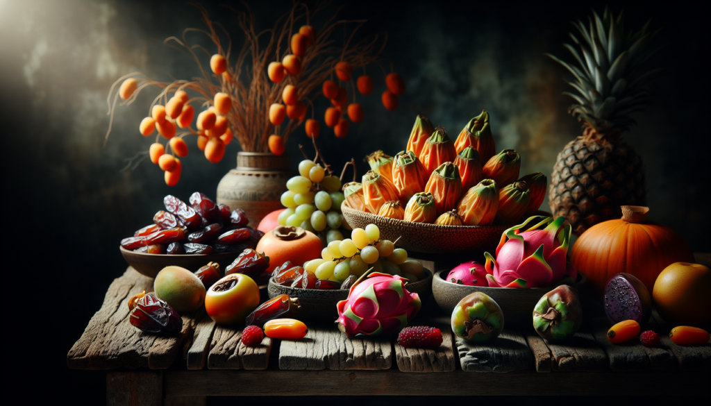 Fruits en D variés disposés sur une table rustique éclairée naturellement, en arrière-plan flou noir pour mettre en valeur les textures et couleurs des fruits.