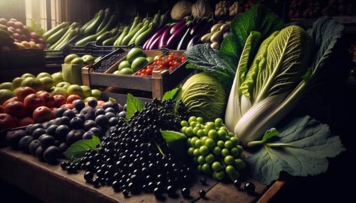 Fruits E Elderberries, entawak, emblica, endives, eggplants. Luminosité naturelle, couleurs riches, profondeur de champ.