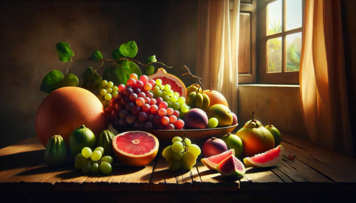 Fruit en G variés sur table en bois, éclairage naturel.