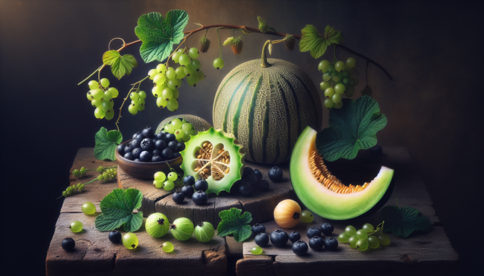 Fruit en H variés sur table en bois: branche de myrtilles, melon cornu, melon miel, baies haskap frais.