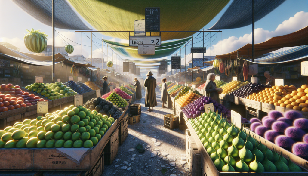 Fruit varié en I sur marché animé par des gens divers, étiquettes claires, ciel bleu ensoleillé.