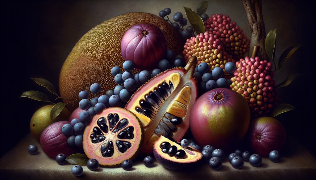 Fruits en J : Jackfruit, baies de genièvre, Jaboticaba - Composition vibrante et détaillée.