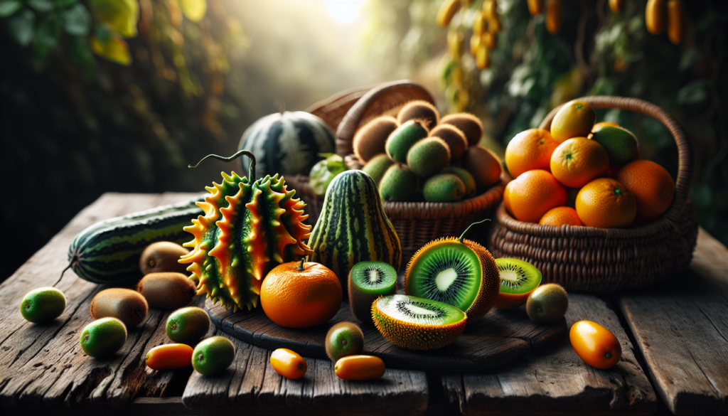 Fruit varié en K sur table en bois : Kiwano, Kiwi et Kumquats, éclairage naturel.