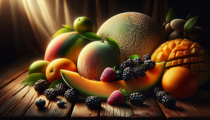 Affiche : "Mangue, mûre, melon, mandarine sur une table en bois avec éclairage naturel valorisant textures et couleurs."