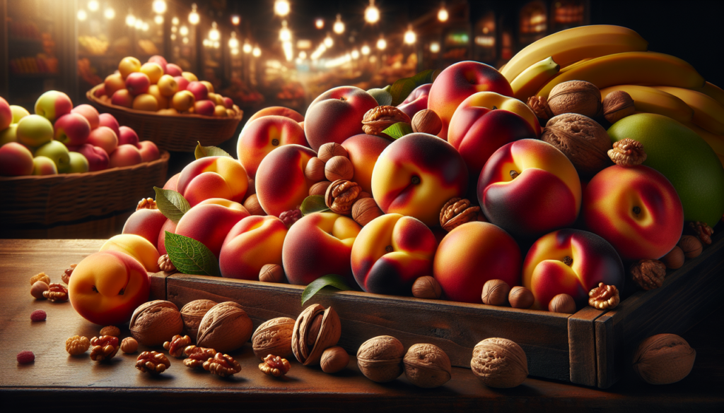 Fruits en N sur étal coloré, détail et texture saisissants, éclairage naturel, fond légèrement flou.