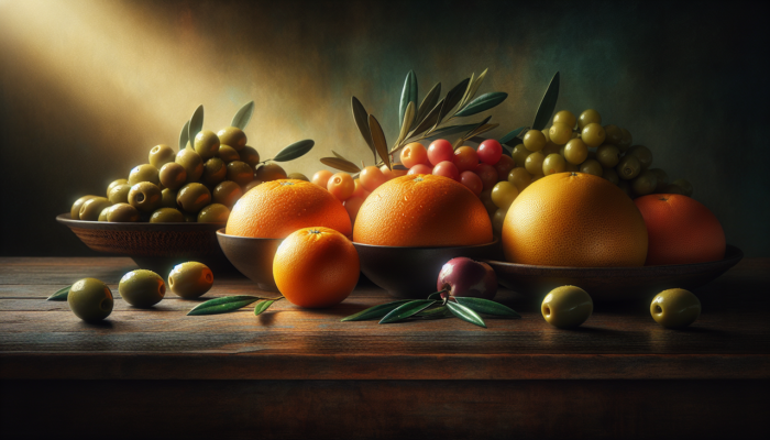 Assortiment de fruits frais en O sur table bois foncé, lumière naturelle, détails et couleurs exaltés.