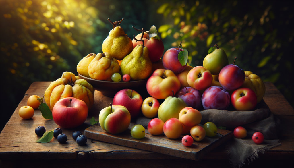 Fruits en Q sur table boisée floue, éclairage chaud et textures détaillées pour Google Images.