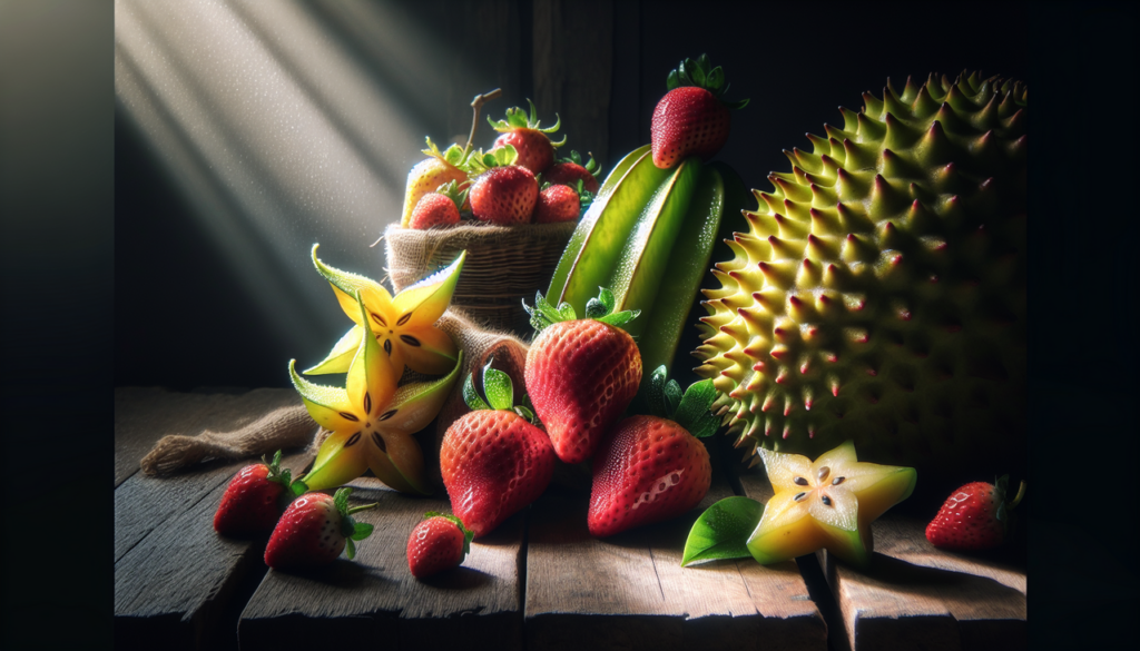 Fruits en S sur table en bois rustique, textures vivantes, couleurs éclatantes.
