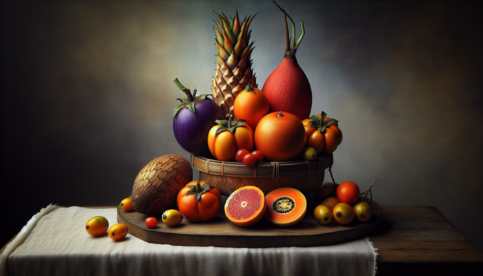 Fruit en T - Assortiment tropical artistiquement arrangé, avec tamarillo, tangelo, et taro.