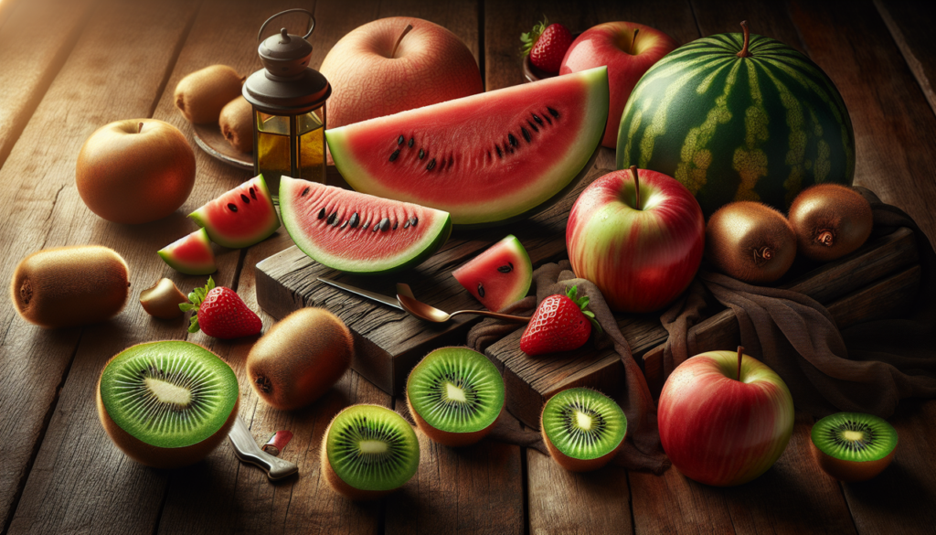 Fruit en W variés sur table en bois rustique éclairée naturellement.