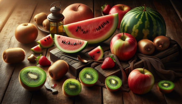 Fruit en W variés sur table en bois rustique éclairée naturellement.