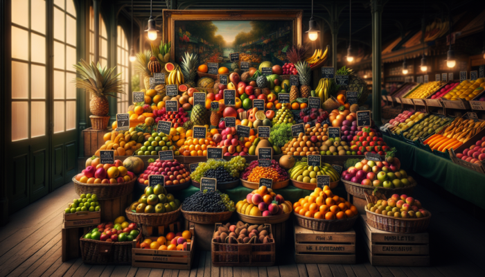 Montre variété de fruits en X fraîchement présentés sur étalage bois marché.