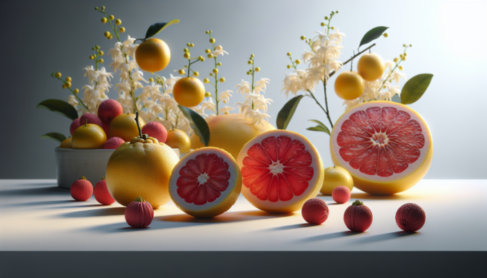 Fruits en Y : Yuzu, Ylang-Ylang et Yangmei sur fond blanc.