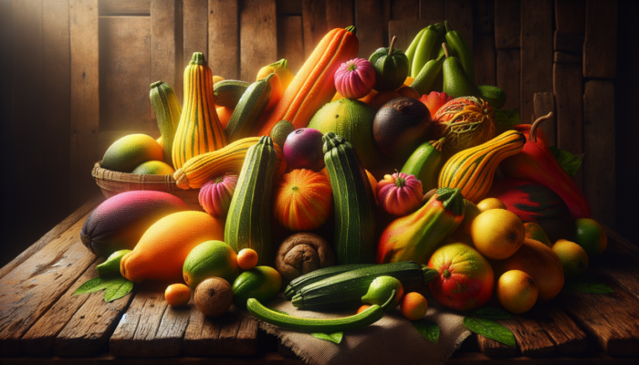 Fruit en Z varié exposé au marché en bois rustique, lumière naturelle matinale, couleurs vives et fraîches.