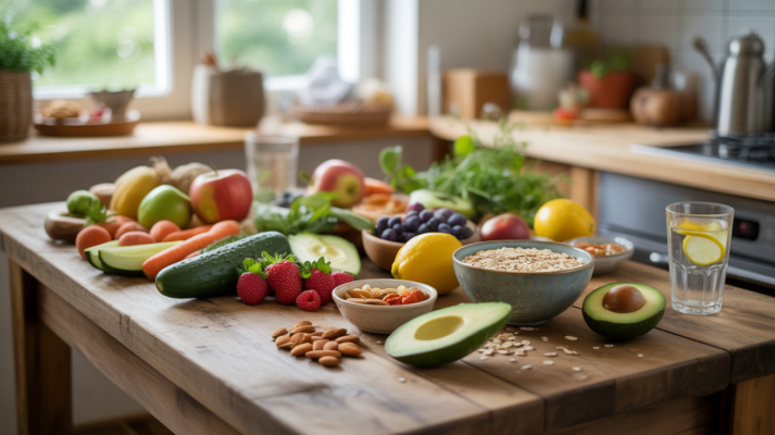 Table naturelle en bois avec une sélection réaliste d’aliments coupe-faim colorés et sains tels que fruits, légumes, avoine, amandes et eau citronnée dans une ambiance lumineuse et authentique.