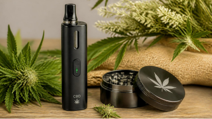 Vaporisateur CBD portable posé à côté de fleurs de chanvre et d'un grinder